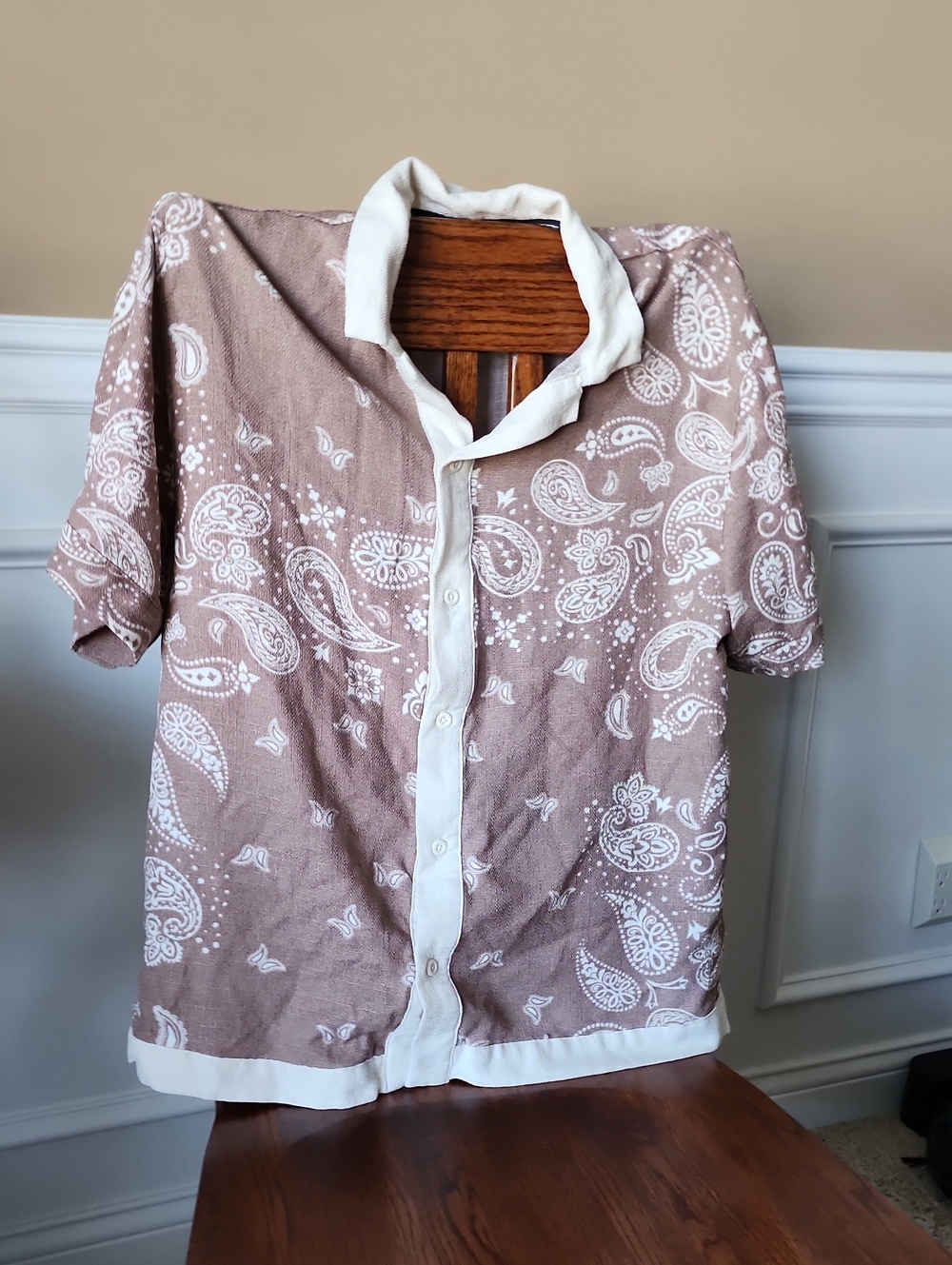 Malibu Drill Clothing Men's Large Paisley Button Up Collared Shirt Brown/Cream